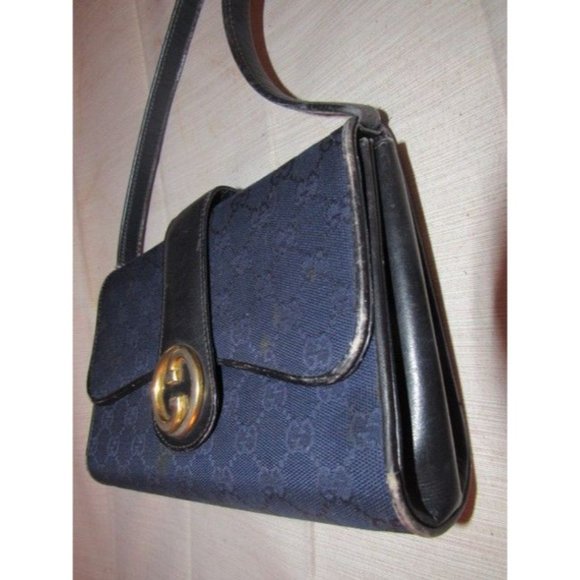 Gucci RARE BOHO Deep Blue 2-Way Clutch G Logo Print Canvas & Black Leather - Picture 6 of 12